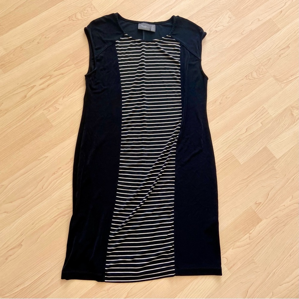 Chico’s Size 2 Black and Striped Dress Knee Length Stretchy and Very Flattering